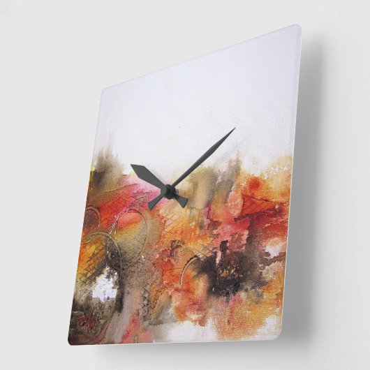 赤茶色のオレンジ色の白色のモダン抽象芸術アート スクエア壁時計 (傾斜)