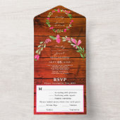 赤茶色の素朴な木製ピンクの花のカントリーウェディングの返信カード オールインワン招待状 (内側)