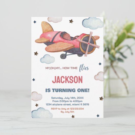 赤茶色の飛行機誕生日招待状 招待状 (スタンド正面)