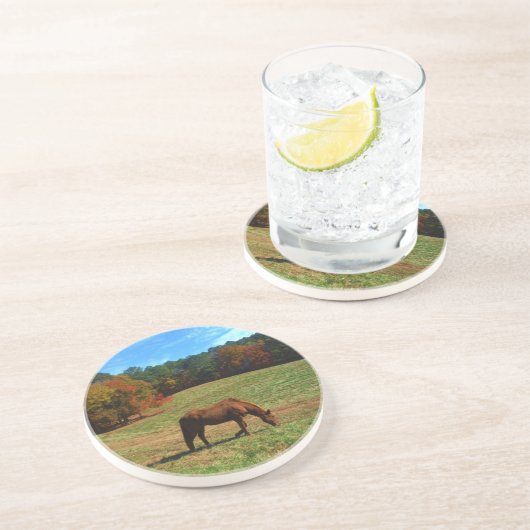 赤茶色の馬、秋の木、青空 コースター (側面)