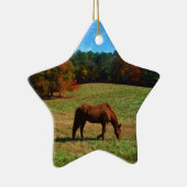 赤茶色の馬、秋の木、青空 セラミックオーナメント (右)