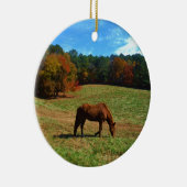 赤茶色の馬、秋の木、青空 セラミックオーナメント (右)
