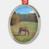 赤茶色の馬、秋の木、青空 メタルオーナメント (左)