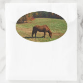 赤茶色の馬、秋の木、青空 楕円形シール (バッグ)