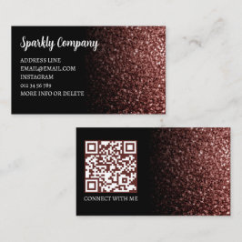 赤茶色フェイクのスパークル黒エレガントQRコード 名刺