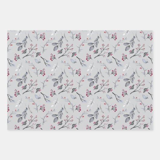 赤葉、青、黒の灰色の果実と赤の果実 ラッピングペーパーシート (正面3)