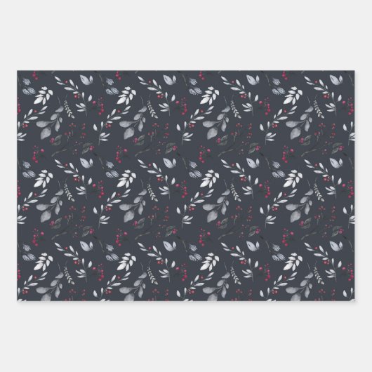 赤葉、青、黒の灰色の果実と赤の果実 ラッピングペーパーシート (正面2)