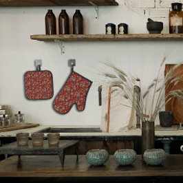 赤褐色の天然花 鍋つかみ&鍋敷きセット