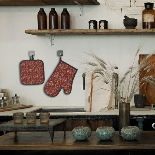 赤褐色の天然花 鍋つかみ&鍋敷きセット