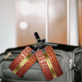 赤褐色の爬虫類デジタルレザー金ゴールド金属 ラゲッジタグ