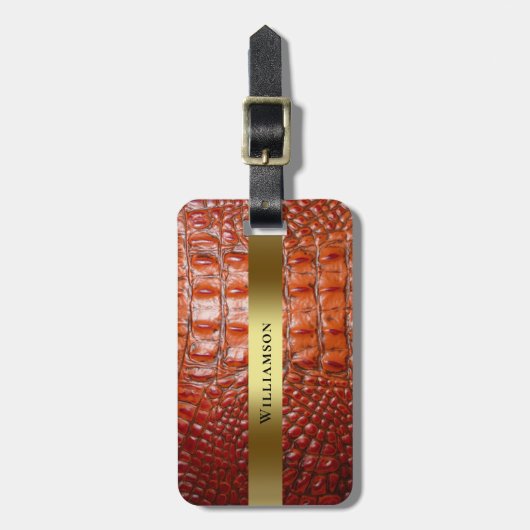 赤褐色の爬虫類デジタルレザー金ゴールド金属 ラゲッジタグ (正面縦)