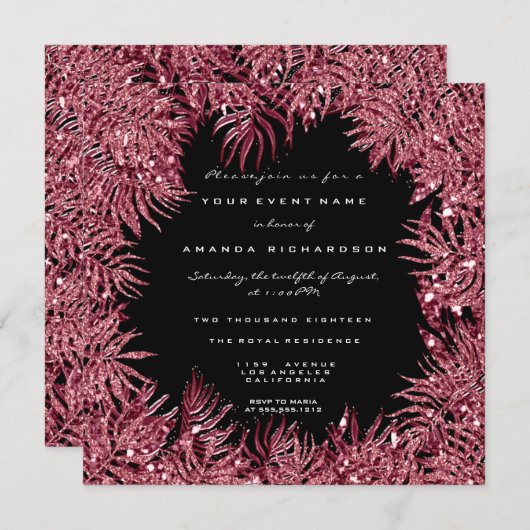 赤豆シダの葉フレームメタリックブラックピンクセンター 招待状 (正面/裏面)