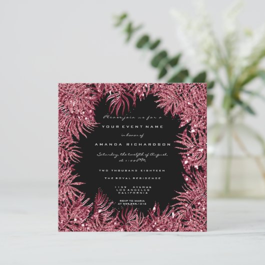 赤豆シダの葉フレームメタリックブラックピンクセンター 招待状 (スタンド正面)