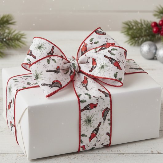 赤赤と白（鳥）ショウジョウコウカンチョウの鳥とホリーパターン グログランリボン