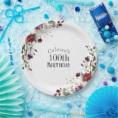 赤赤面と紫エレガントフローラ100誕生日 ペーパープレート (パーティー)
