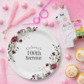 赤赤面と紫エレガントフローラ100誕生日 ペーパープレート (パーティー)