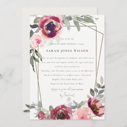赤赤面バラフローラドライブ式ベビーシャワー招待状 サンキューカード (正面/裏面)