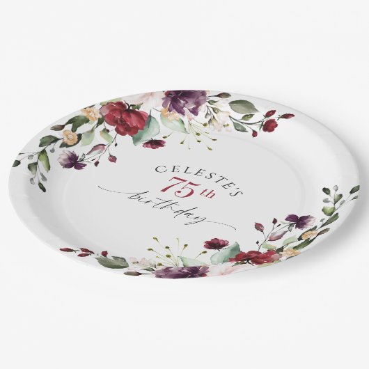 赤赤面紫エレガントフローラ75誕生日 ペーパープレート (アングル)