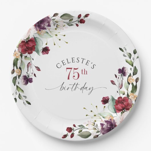 赤赤面紫エレガントフローラ75誕生日 ペーパープレート (正面)