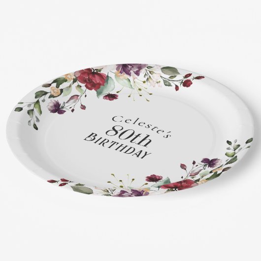 赤赤面紫エレガントフローラ80誕生日 ペーパープレート (アングル)