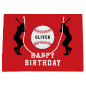 赤野球ボールプレイヤーキッズネーム誕生日 ラージペーパーバッグ (正面)