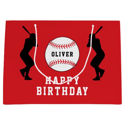 赤野球ボールプレイヤーキッズネーム誕生日 ラージペーパーバッグ (正面)