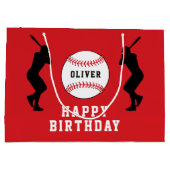 赤野球ボールプレイヤーキッズネーム誕生日 ラージペーパーバッグ (裏面)