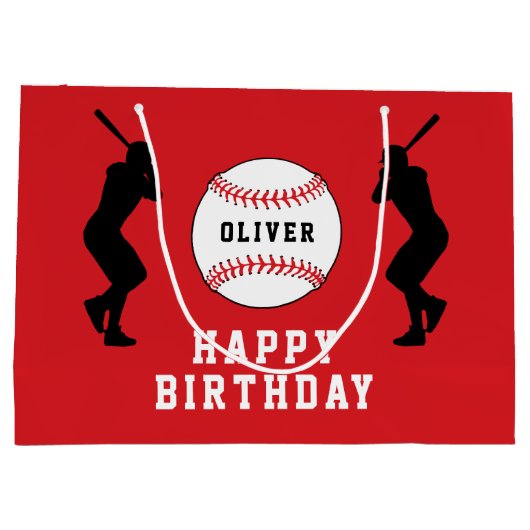 赤野球ボールプレイヤーキッズネーム誕生日 ラージペーパーバッグ (裏面)