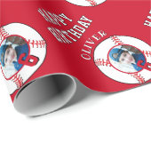 赤野球ボール子供の誕生日写真 ラッピングペーパー (ロールコーナー)