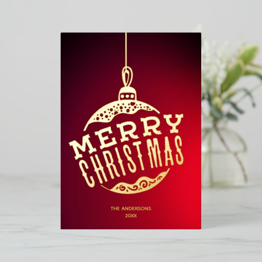 赤金のクリスマスボール ファミリー ネーム クリスマス 箔シーズンカード (立ち正面)