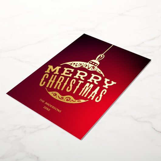 赤金のクリスマスボール ファミリー ネーム クリスマス 箔シーズンカード (回転した状態)