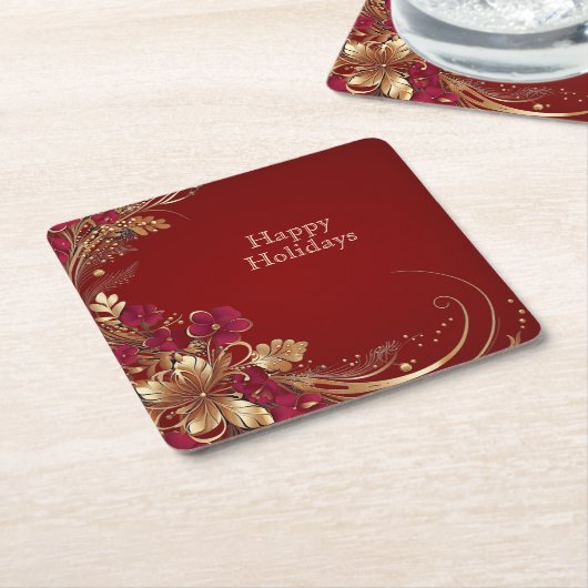 赤金の花模様のホリデーシーズン紙コースター スクエアペーパーコースター (アングル)