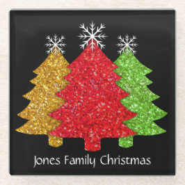 赤金ゴールドきらめくグリーンクリスマスツリーの雪片 ガラスコースター