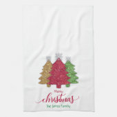 赤金ゴールドきらめくグリーンクリスマスツリーの雪片 キッチンタオル (縦)