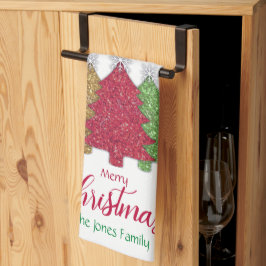 赤金ゴールドきらめくグリーンクリスマスツリーの雪片 キッチンタオル