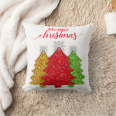 赤金ゴールドきらめくグリーンクリスマスツリーの雪片 クッション (ブランケット)