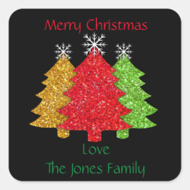 赤金ゴールドきらめくグリーンクリスマスツリーの雪片 スクエアシール