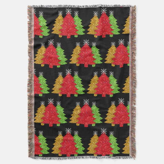 赤金ゴールドきらめくグリーンクリスマスツリーの雪片 スローブランケット (正面縦)