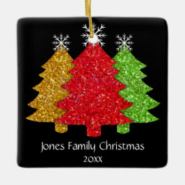 赤金ゴールドきらめくグリーンクリスマスツリーの雪片 セラミックオーナメント