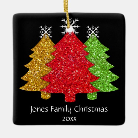 赤金ゴールドきらめくグリーンクリスマスツリーの雪片 セラミックオーナメント (正面)
