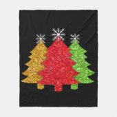 赤金ゴールドきらめくグリーンクリスマスツリーの雪片 フリースブランケット (正面)