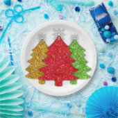 赤金ゴールドきらめくグリーンクリスマスツリーの雪片 ペーパープレート (パーティー)