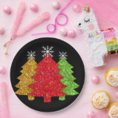 赤金ゴールドきらめくグリーンクリスマスツリーの雪片 ペーパープレート (パーティー)