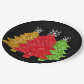 赤金ゴールドきらめくグリーンクリスマスツリーの雪片 ペーパープレート (アングル)