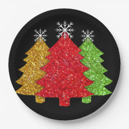 赤金ゴールドきらめくグリーンクリスマスツリーの雪片 ペーパープレート