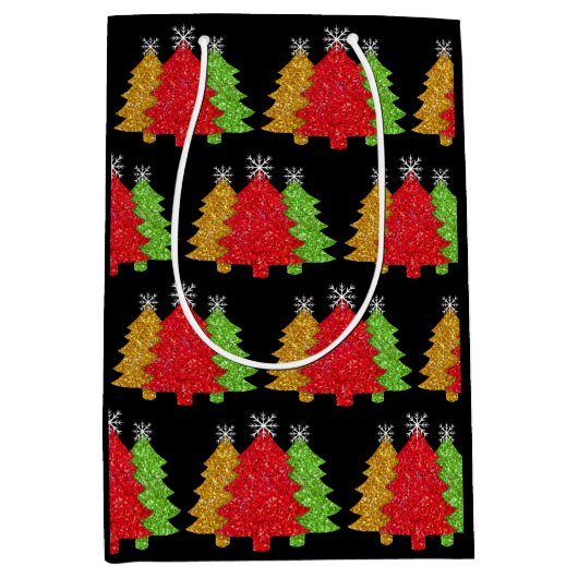 赤金ゴールドきらめくグリーンクリスマスツリーの雪片 ミディアムペーパーバッグ (正面)