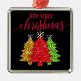赤金ゴールドきらめくグリーンクリスマスツリーの雪片 メタルオーナメント