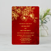 赤金ゴールドさくらんぼブロッサム中国の結婚ズ 箔招待状 (立ち正面)