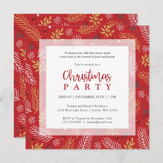赤金ゴールドと白のクリスマスの紅葉ホリデーパーティー 招待状 (正面/裏面)
