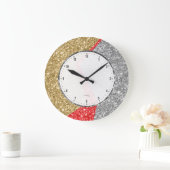 赤金ゴールドと銀色のグリッター幾何デザイン ラージ壁時計 (ホーム)